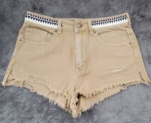 P.S Erin Wasson Khaki Jean Denim Shorts Embroidered Womens Size 27